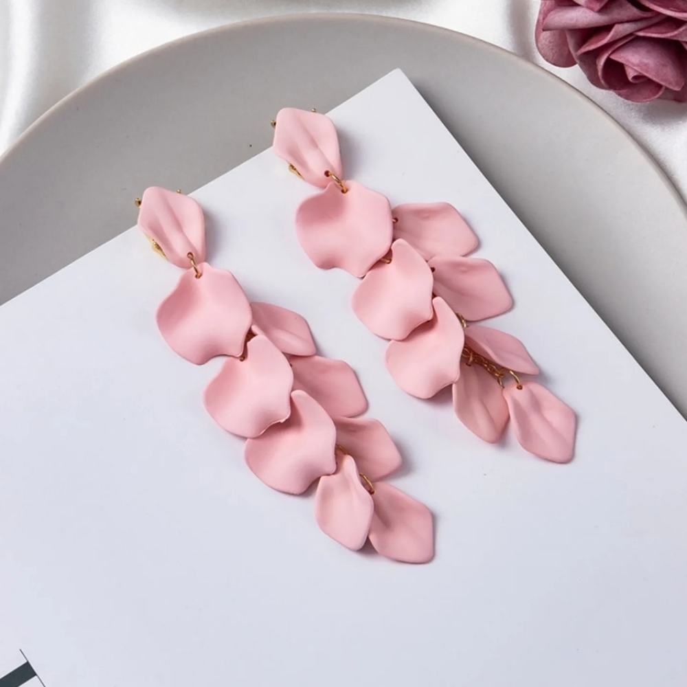 Pink rose petal shaped dangle earrings